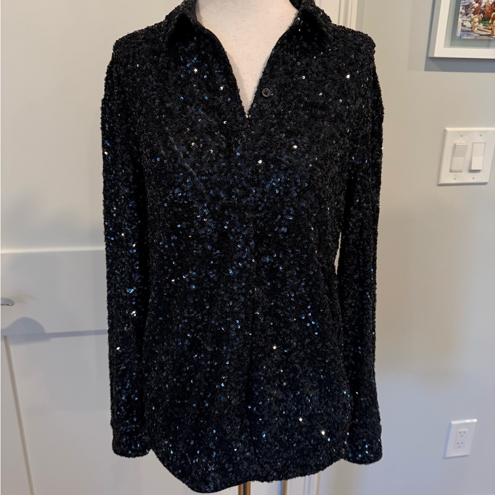 Express Black Sequin Button Down Shirt - image 4